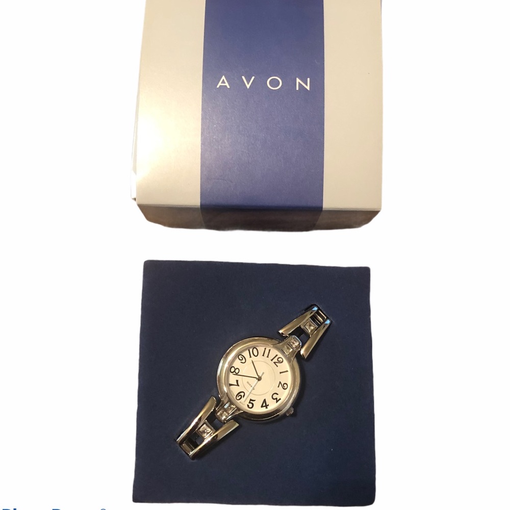 NIB Avon Silvertone Crystal Accent Stretch Watch